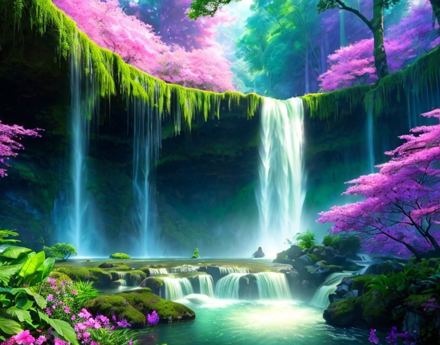 Cascading Waterfalls in Lush Green Landscape