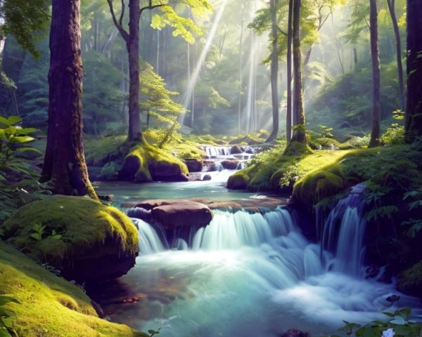 Serene Forest Scene with Cascading Waterfall and Greenery