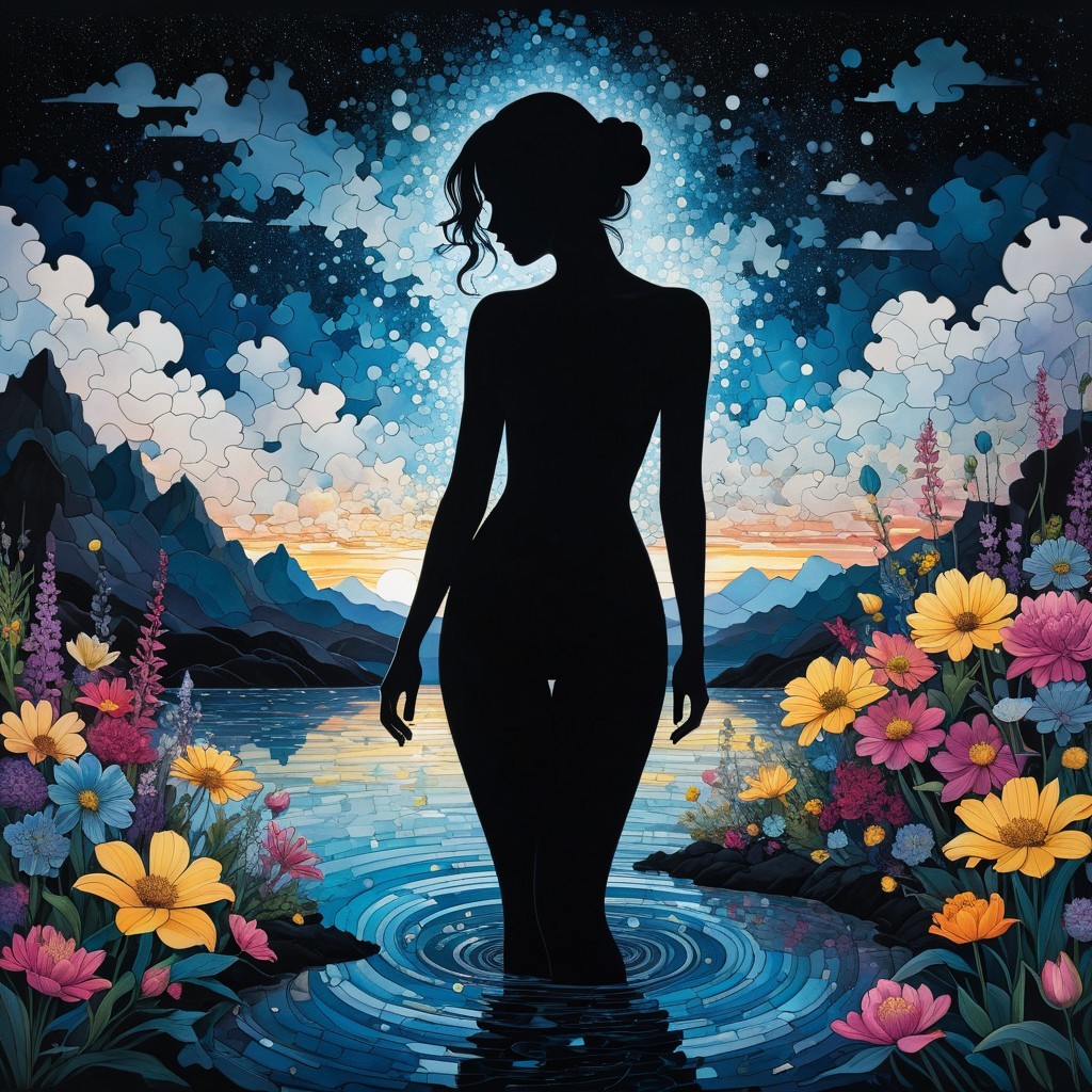 Silhouette of a Woman in Tranquil Floral Waters
