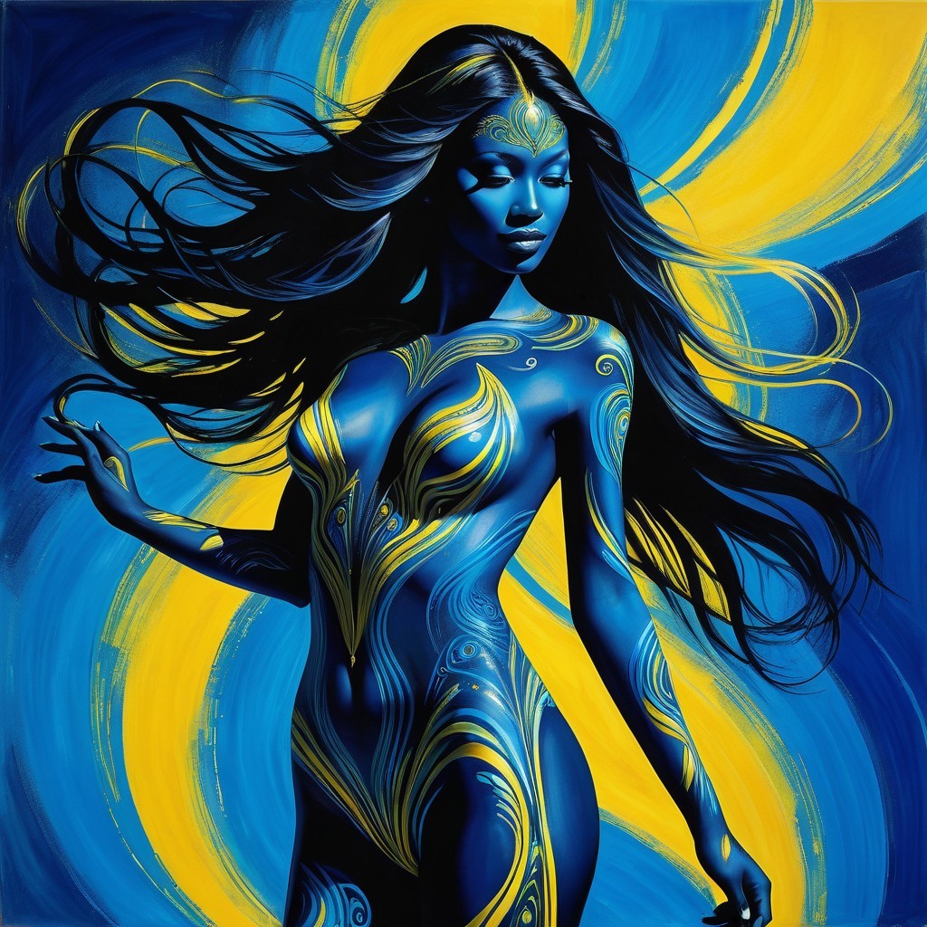 Woman with Blue Body Paint and Golden Designs