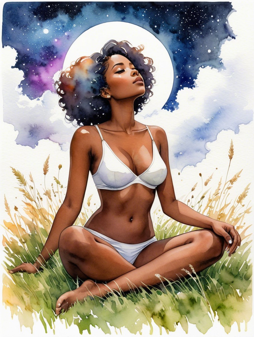 Woman in White Bikini in Moonlit Grassy Field