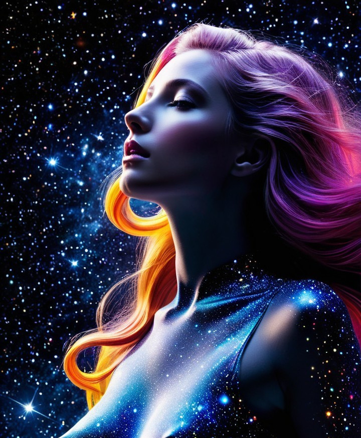 Cosmic Portrait of a Woman with Flowing Hair