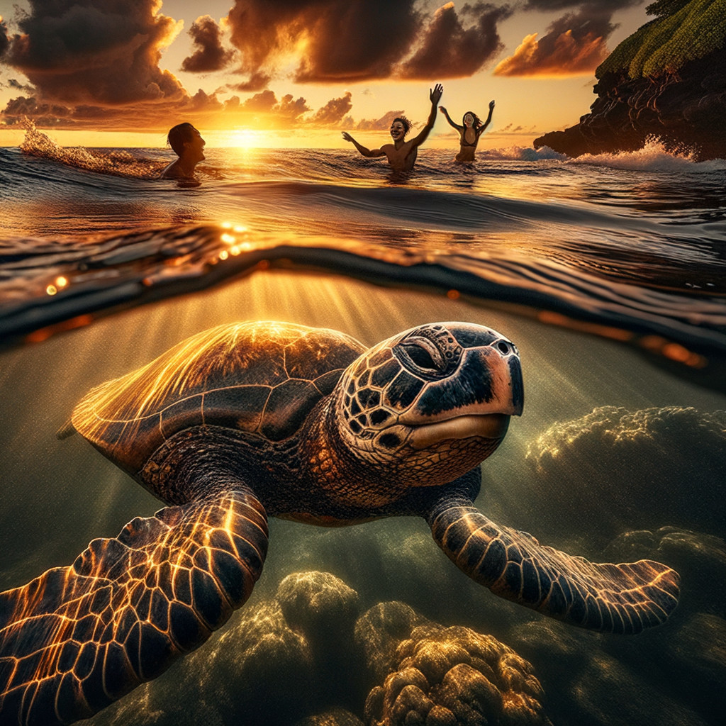 Sunset Scene with Sea Turtle and Swimmers in Ocean