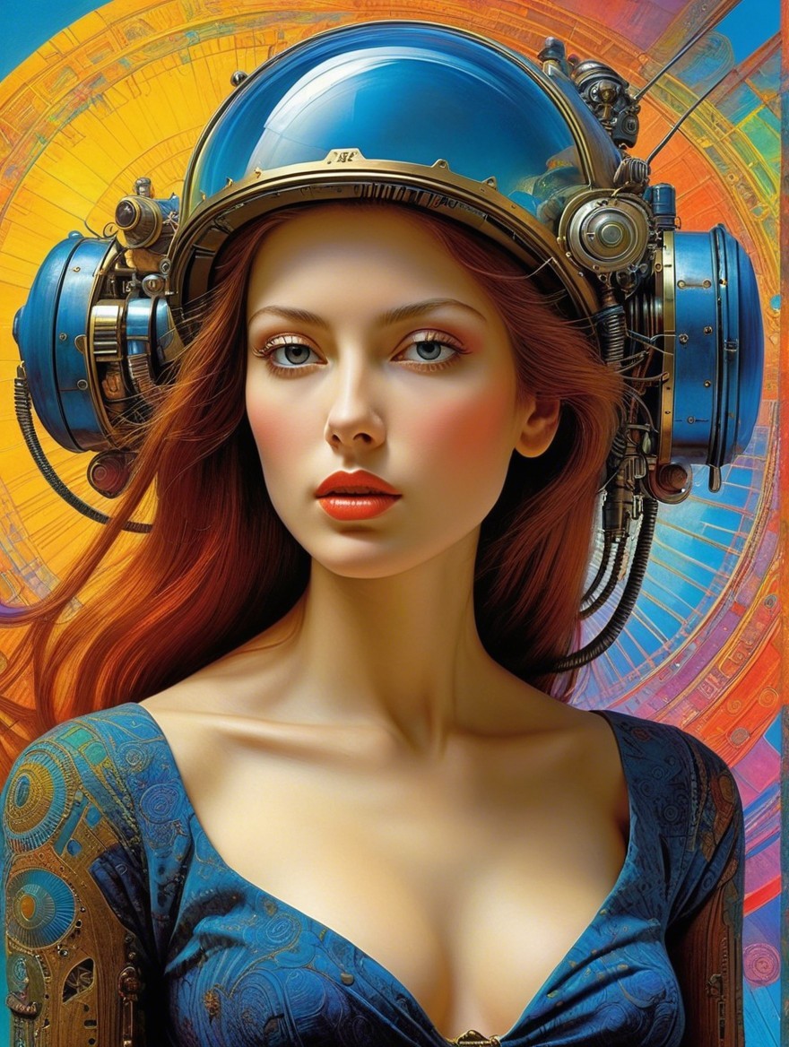 Steampunk Woman in Elaborate Helmet and Blue Dress