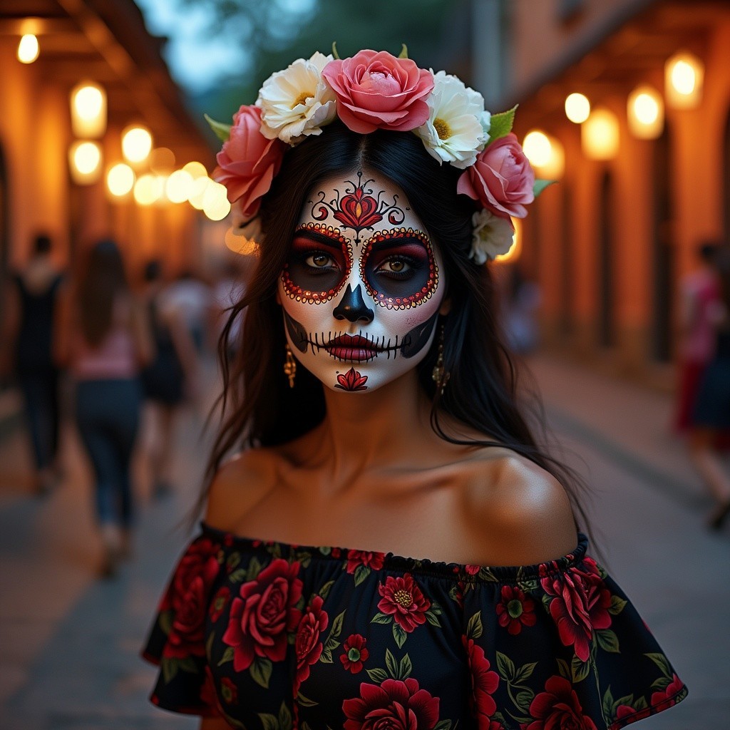 Woman in Día de los Muertos attire in a lit alley