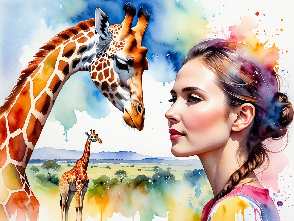 Watercolor Painting of Woman and Giraffes in Nature