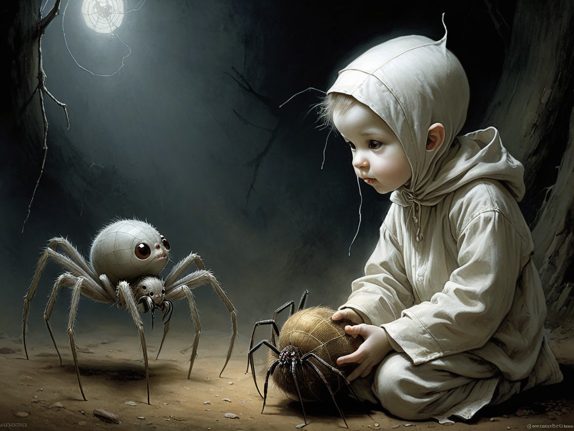 Child Interacting with Friendly Spider in Dim Light