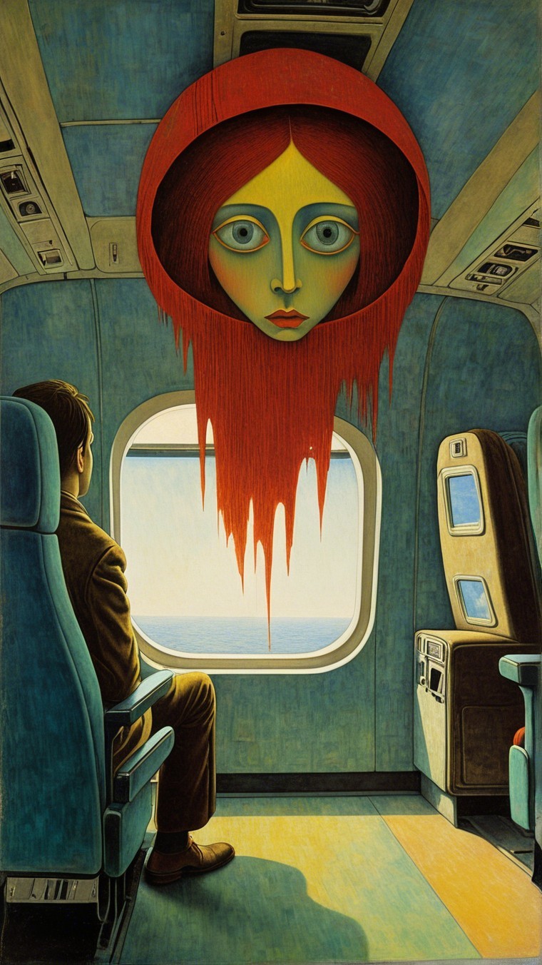 Surreal Airplane Scene with Eerie Face and Colors