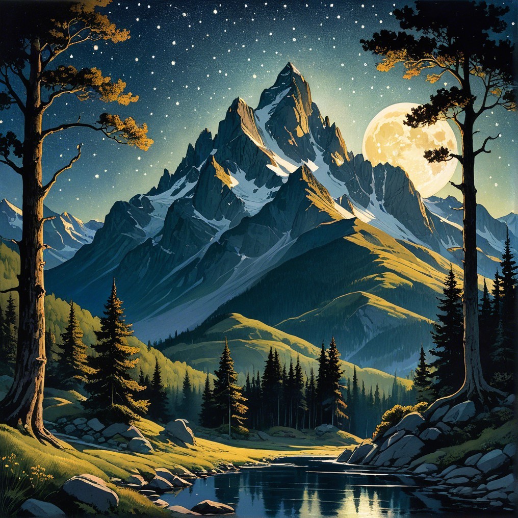 Serene Nighttime Landscape with Mountains and Moonlight