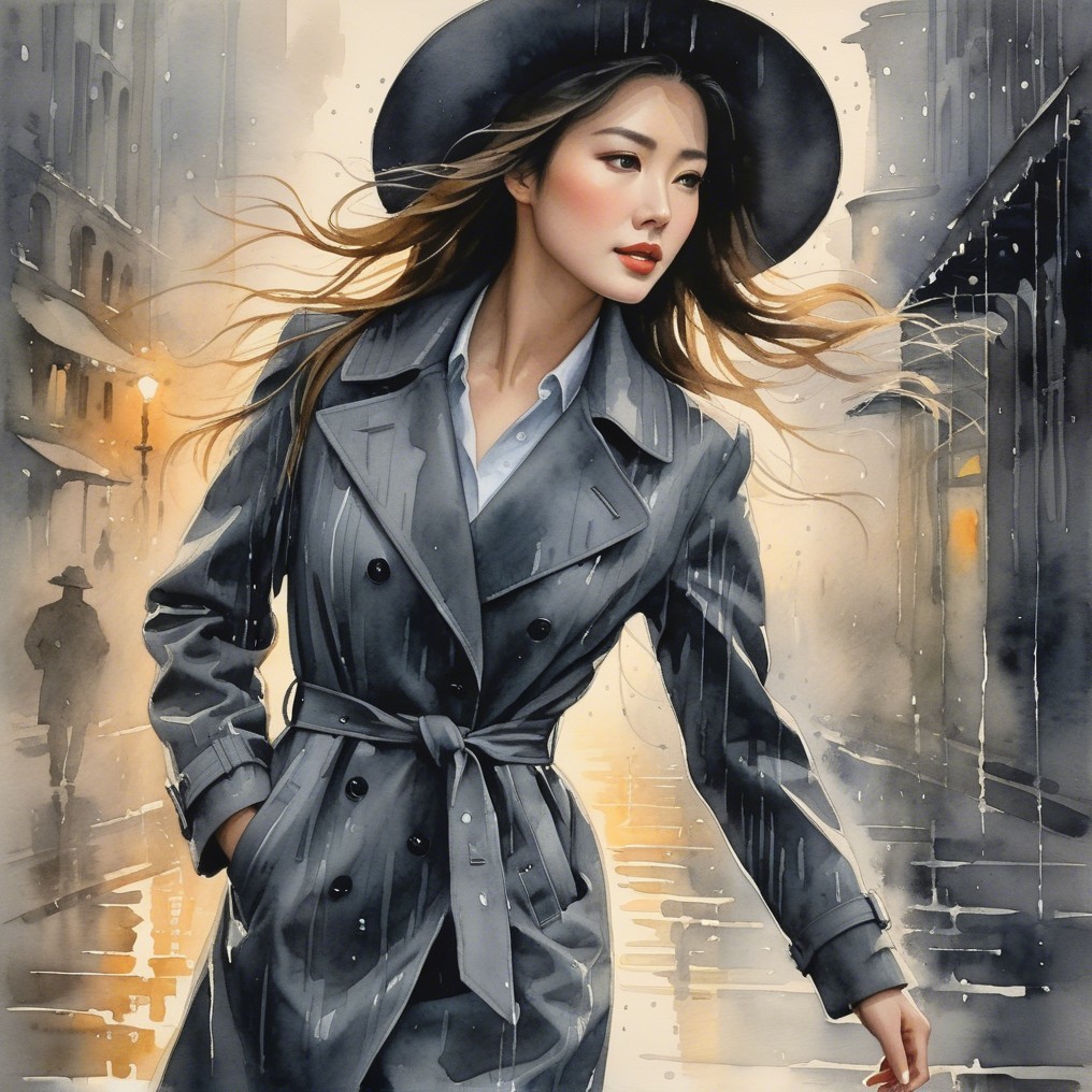 Fashionable Woman in Trench Coat on Rainy Street