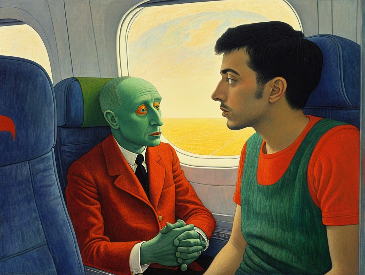 Surreal Airplane Scene with Colorful Characters