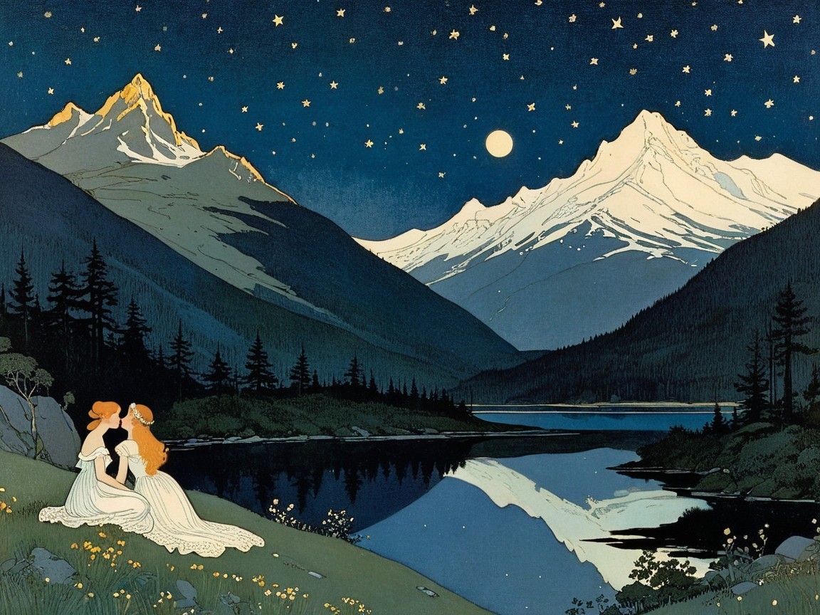 Elegant Women by a Serene Lake Under Moonlight