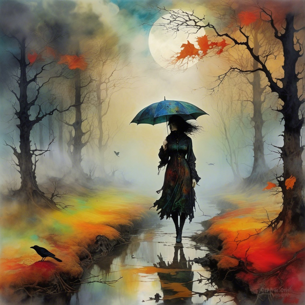 Solitary figure on misty path with colorful umbrella