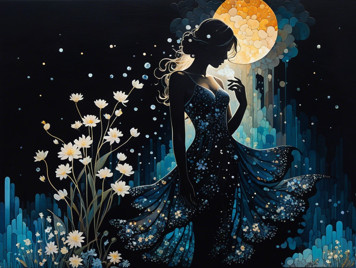 Silhouette of Woman in Floral Dress Against Blue Sky
