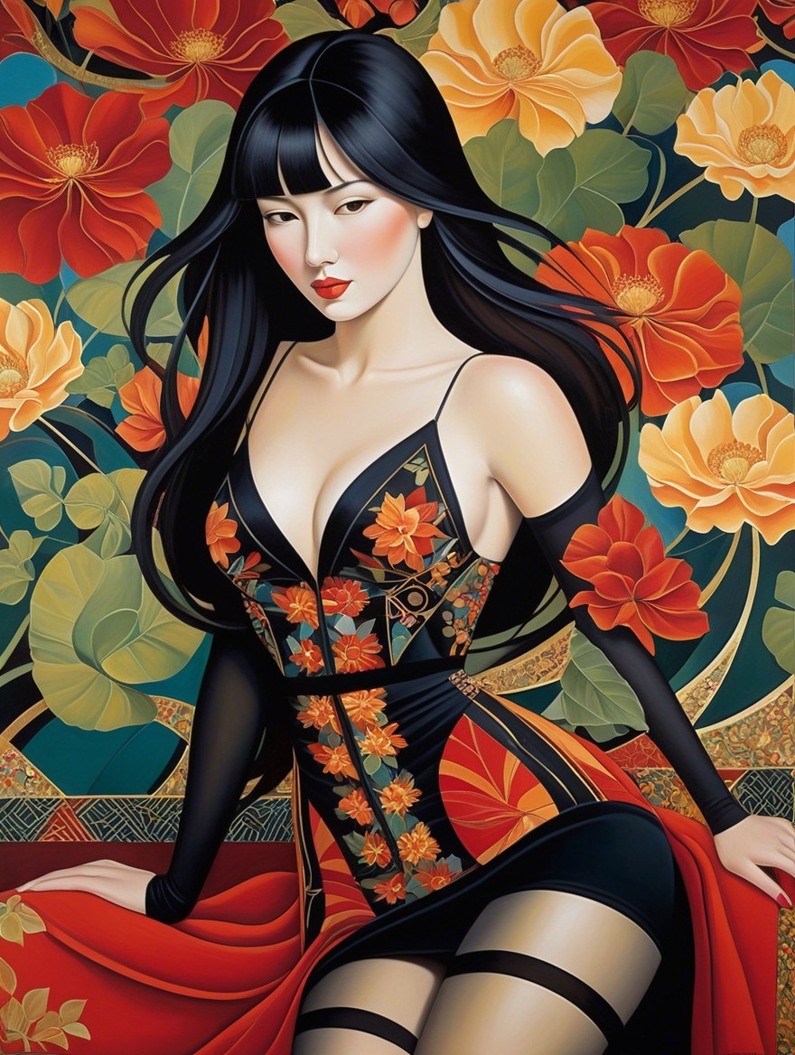 Portrait of a Woman in Floral Dress with Flower Backdrop