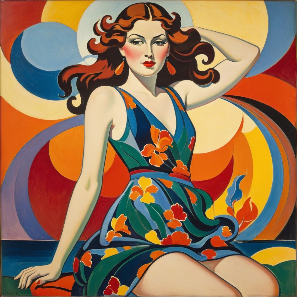 Stylized portrait of a woman in vibrant floral dress
