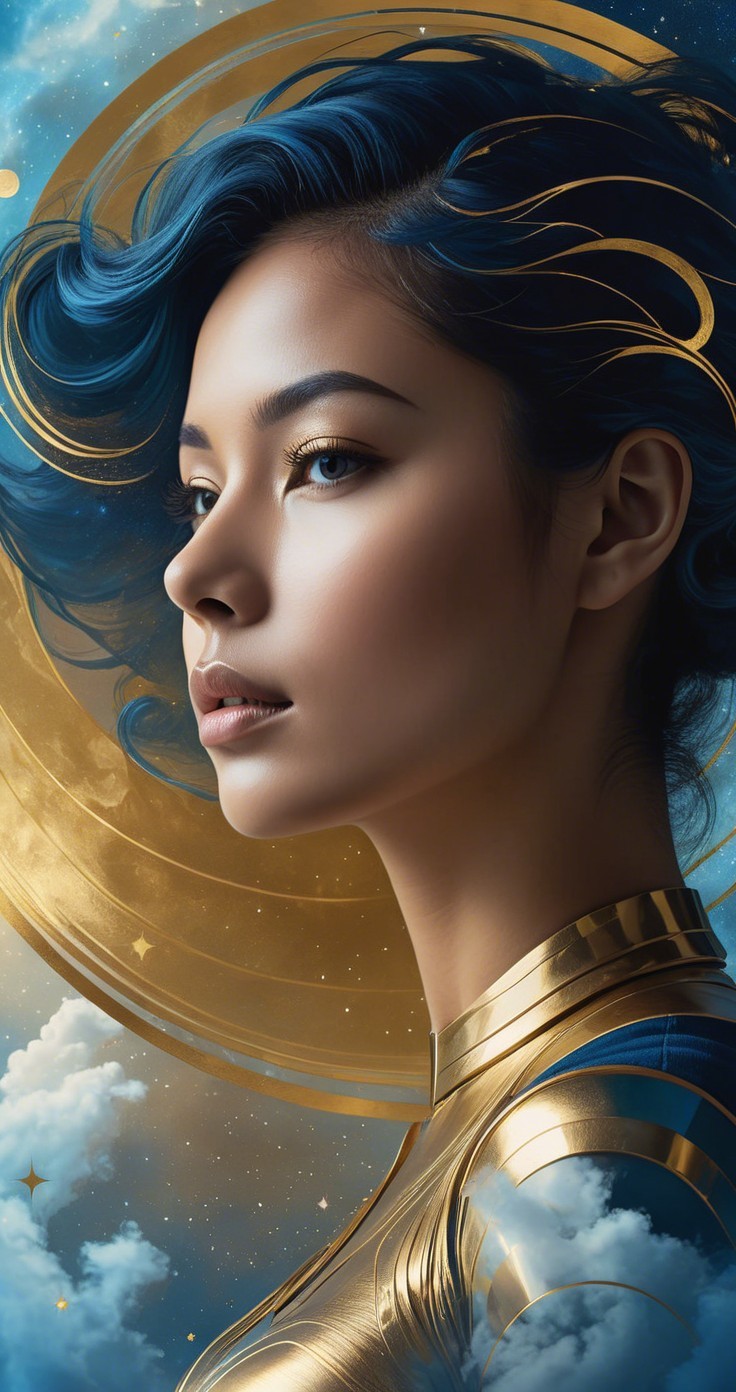 Portrait of a woman with blue hair in golden outfit