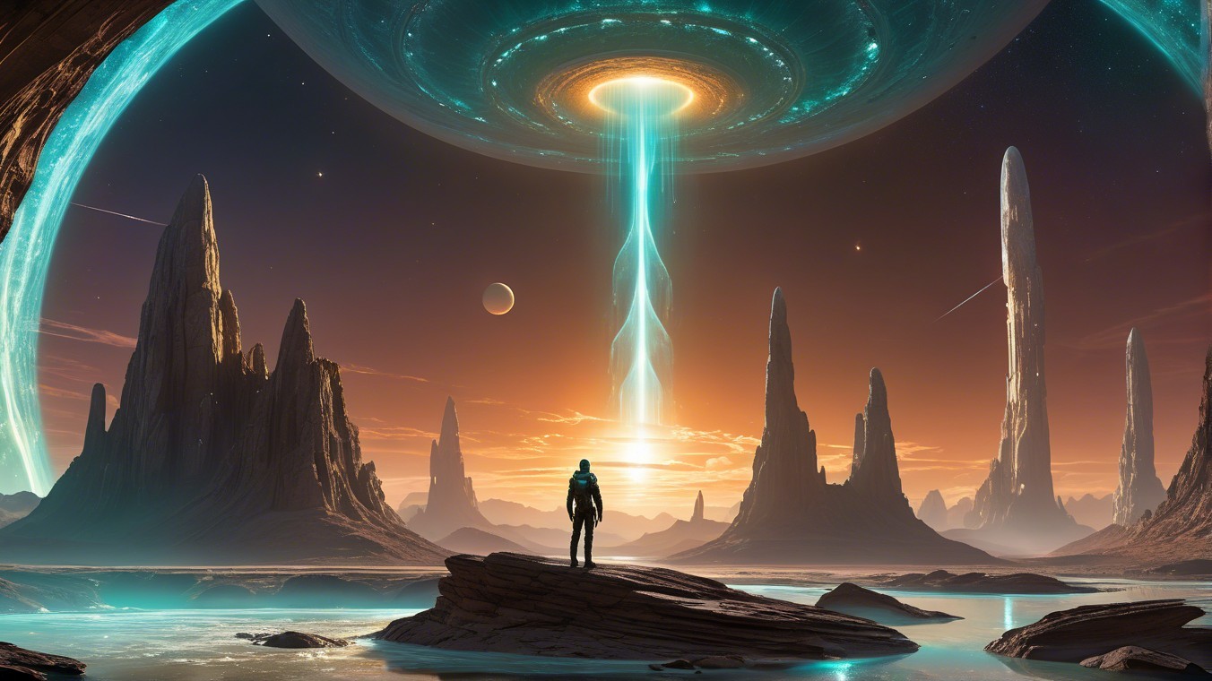 Lone Figure Observing Glowing Spaceship at Sunset