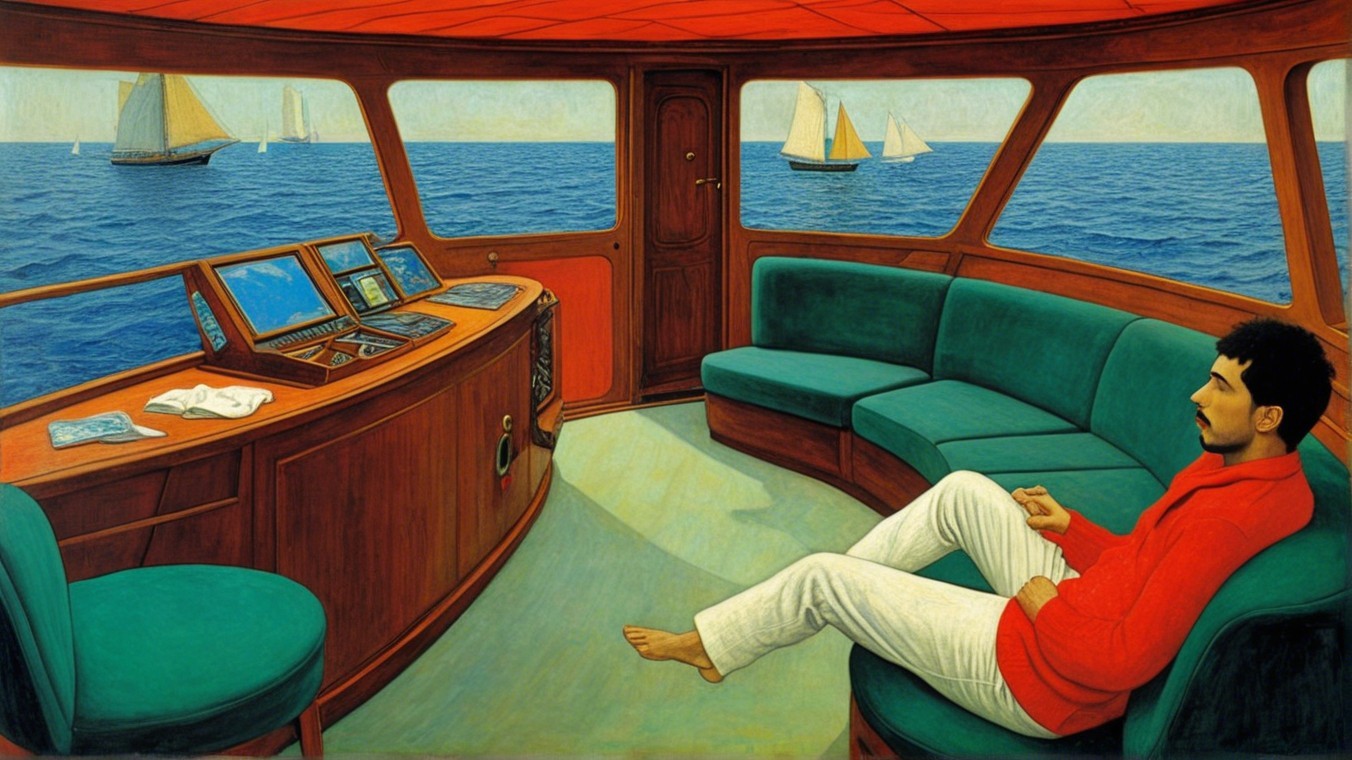 Serene Boat Interior with Man Relaxing and Ocean View