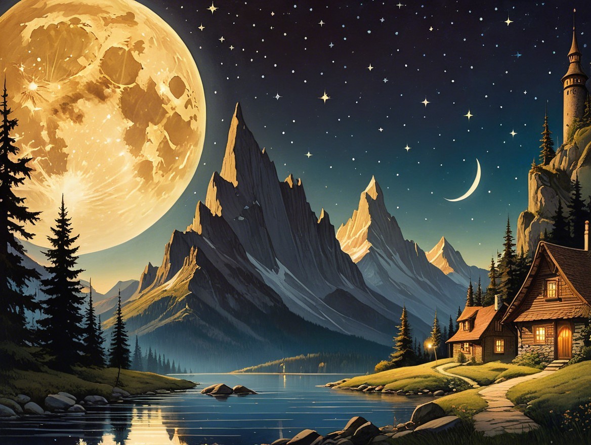 Serene Night Scene with Full Moon and Mountains