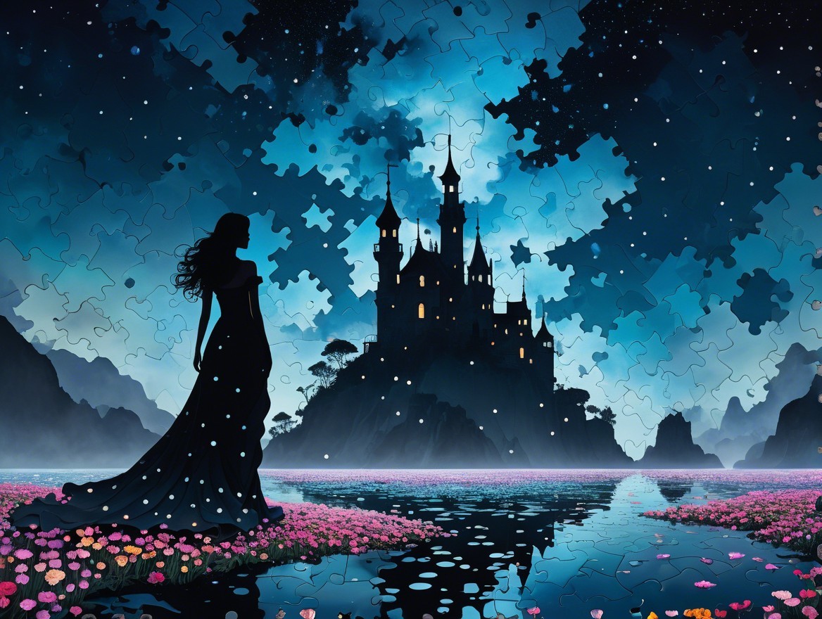 Silhouette of Woman by Lake with Castle and Flowers