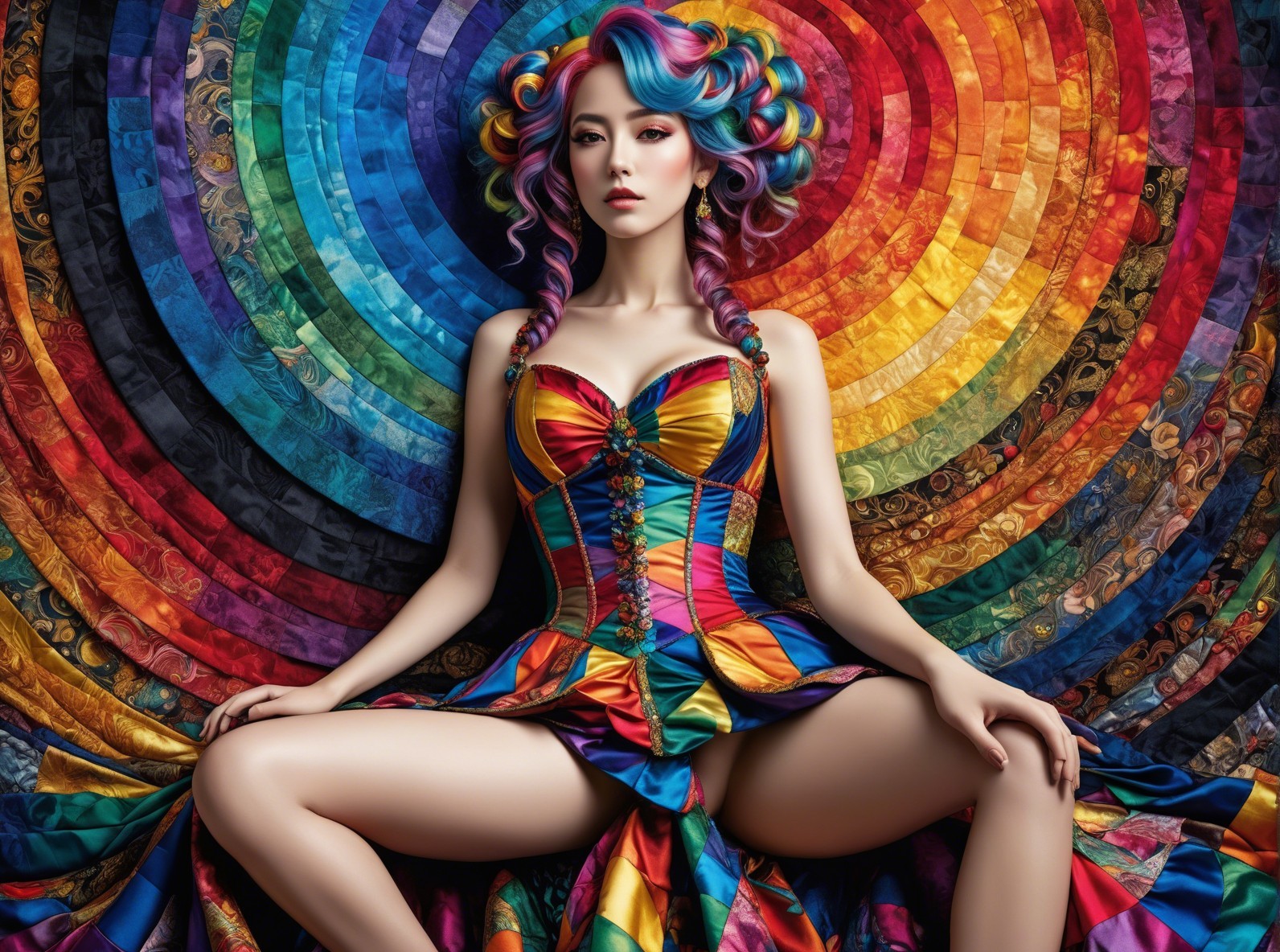 Mixed Media Artwork of Woman with Patchwork Quilt