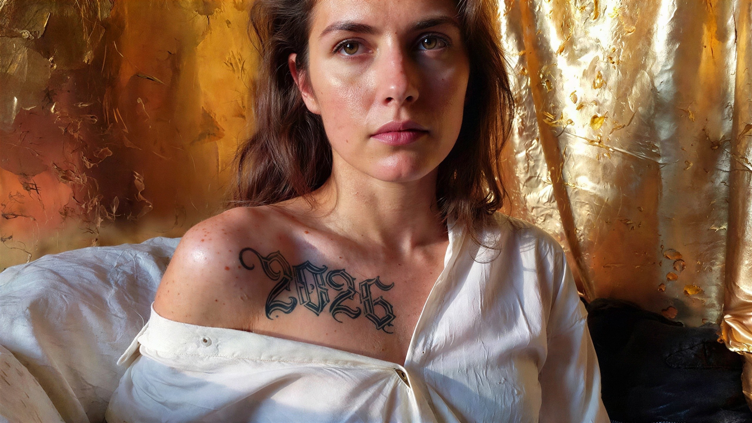 Woman with brown hair and "2026" tattoo in daylight