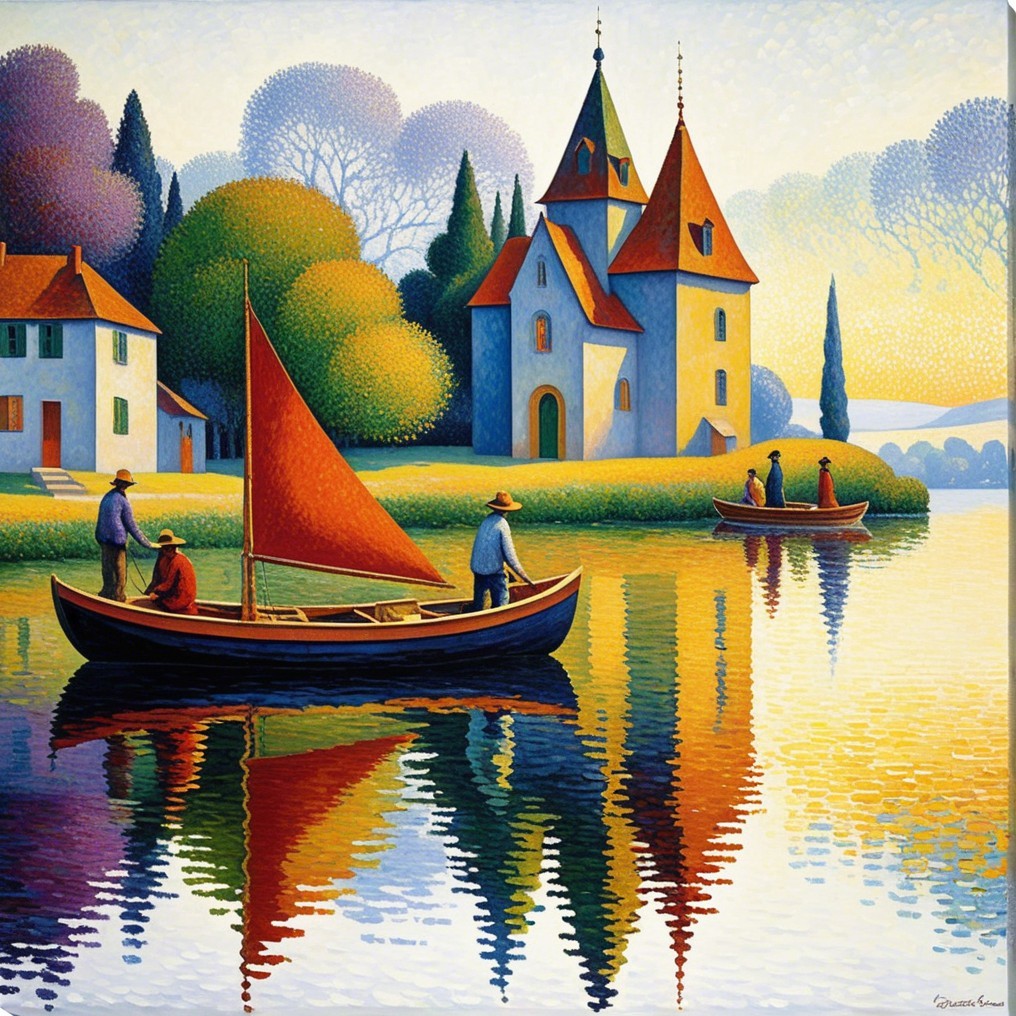 Serene Landscape with Boats and Charming Church