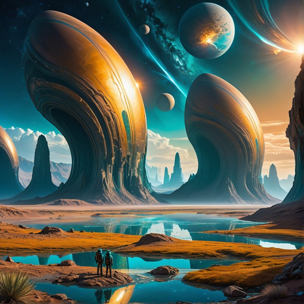 Alien Landscape with Glossy Shell Structures and Planets