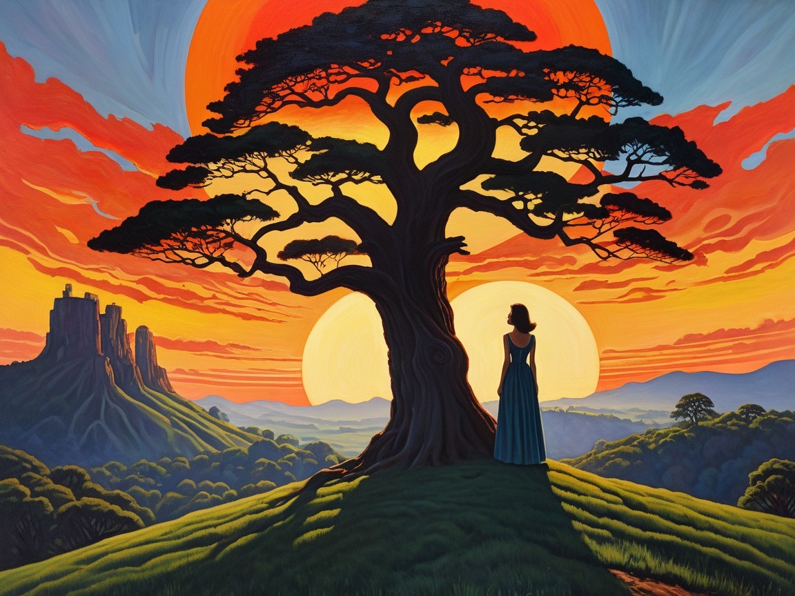 Silhouetted Figure Beneath Tree at Vibrant Sunset