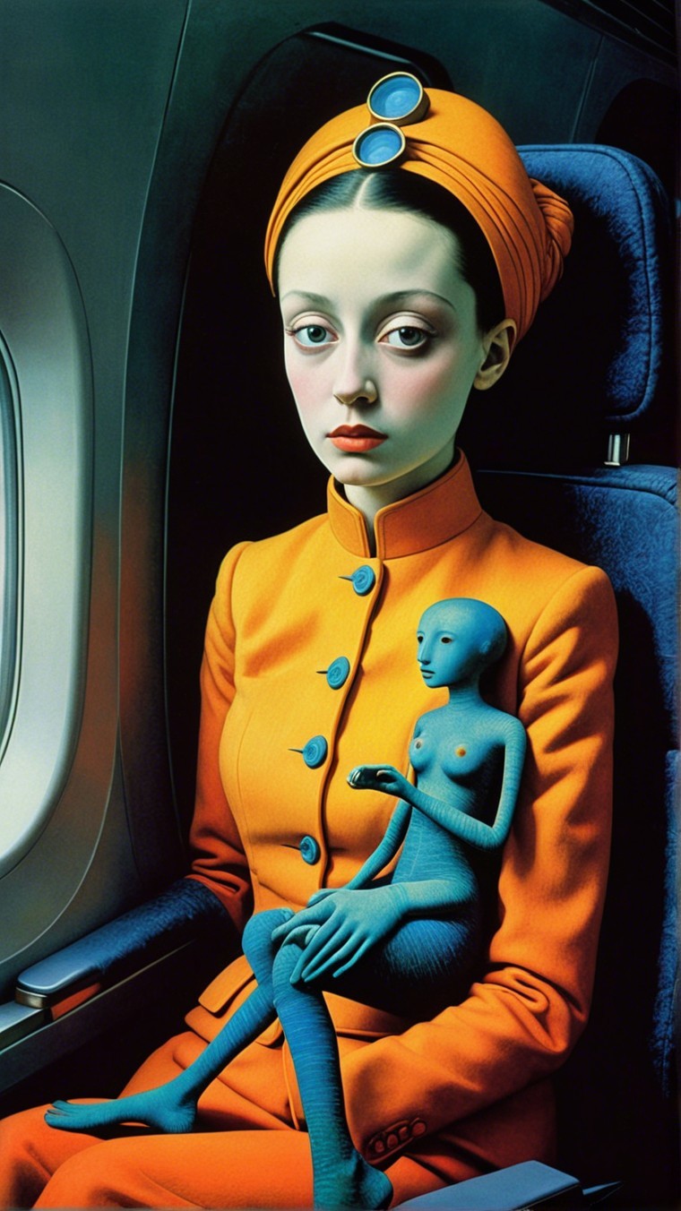 Surreal Scene of Young Woman by Airplane Window