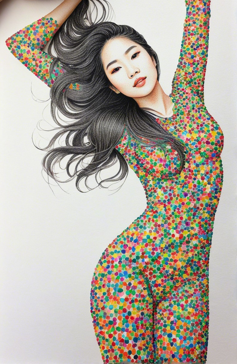 Woman in Colorful Dots Bodysuit in Dynamic Pose
