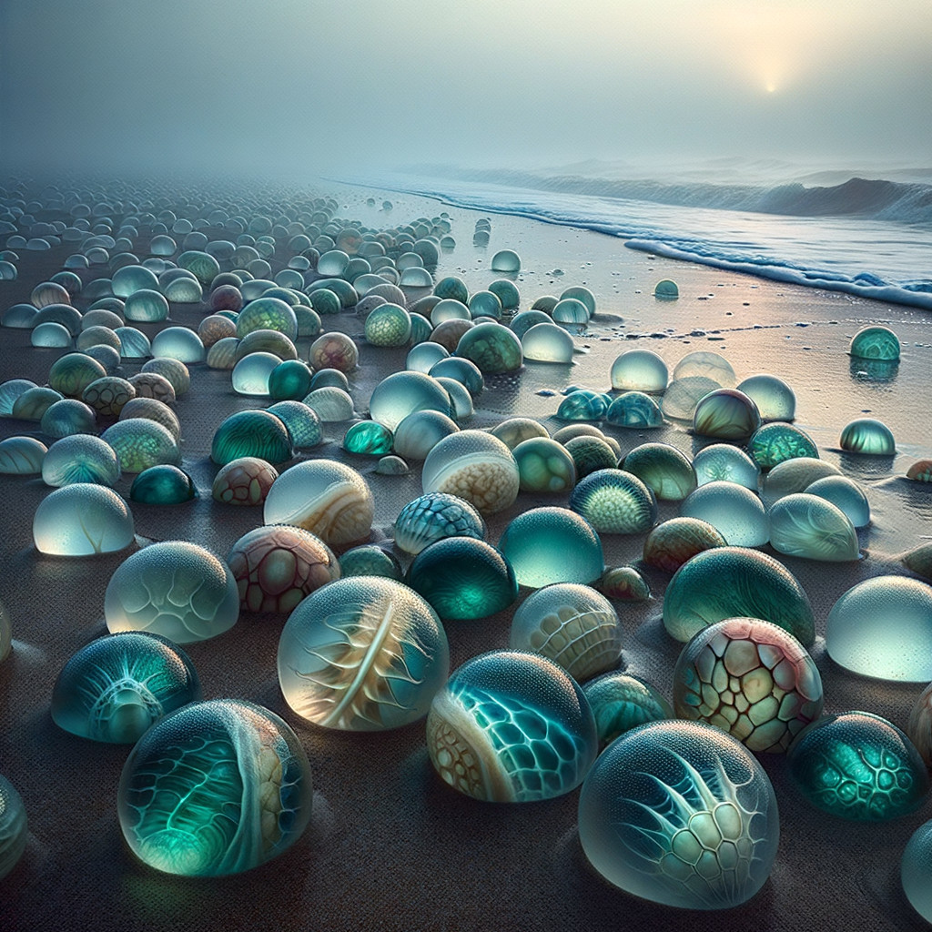 Surreal Beach Landscape with Translucent Spheres