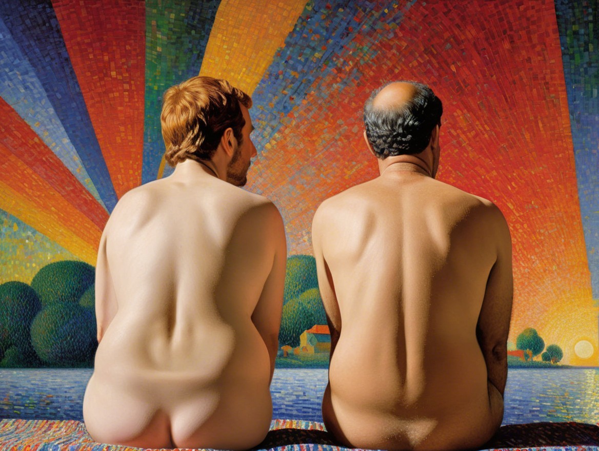 Nude Figures Against Colorful Sunset Mural Background