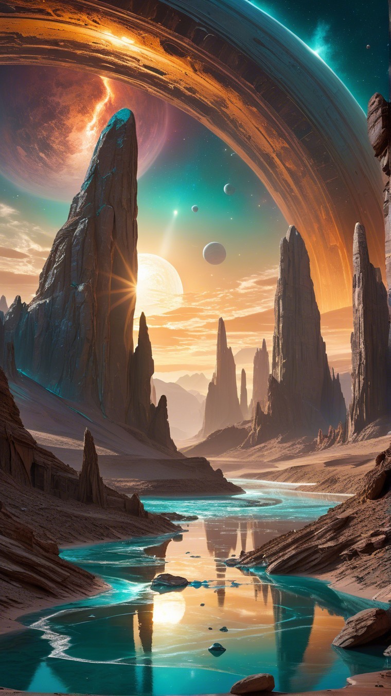 Alien Landscape with Towering Formations and River
