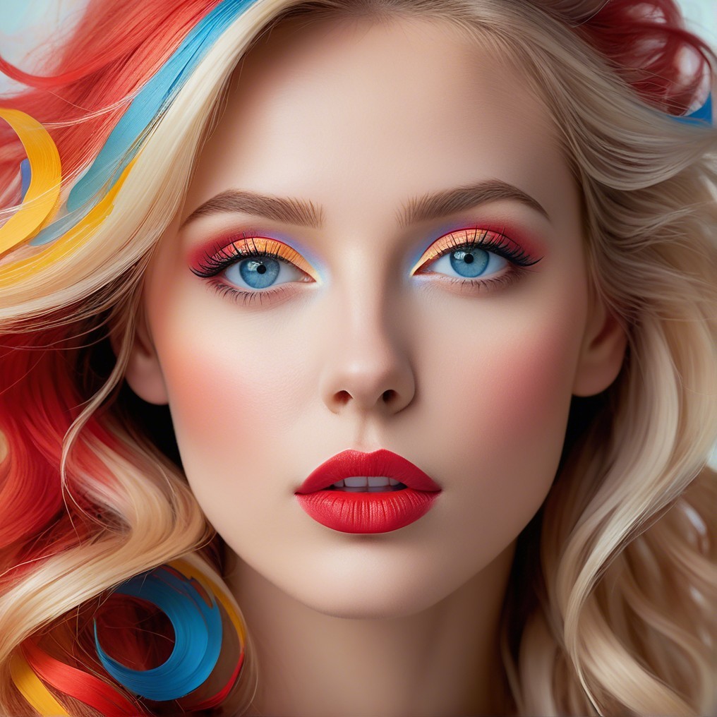 Model with Blue Eyes and Bold Red Lips in Colorful Look