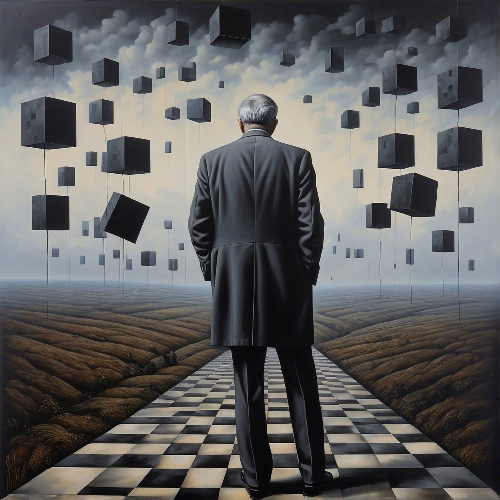 Solitary Figure in Surreal Checkerboard Landscape