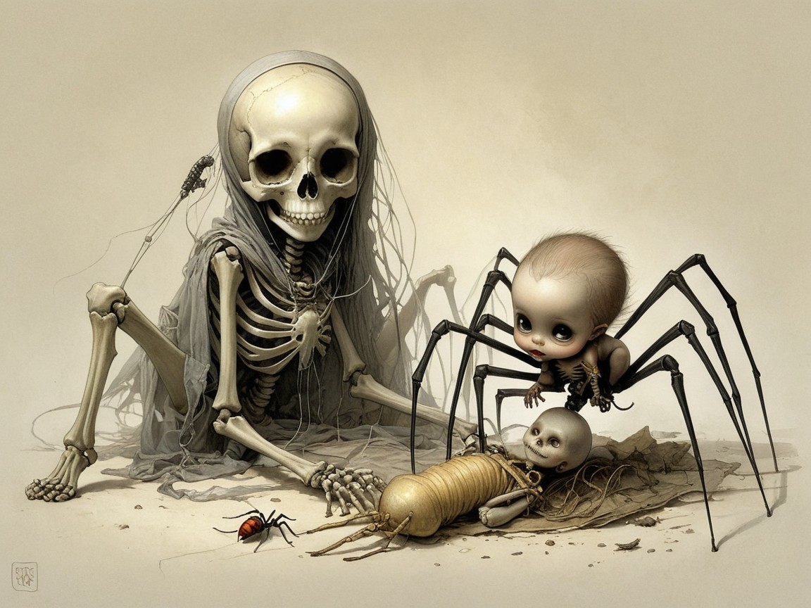 Whimsical Eerie Scene with Skeletons and Surreal Elements