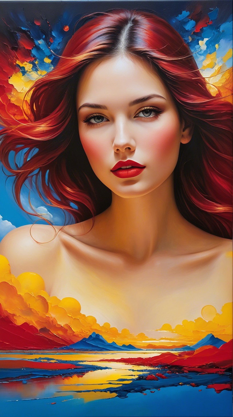 Hyperrealistic Oil Painting of a Woman in Vibrant Landscape