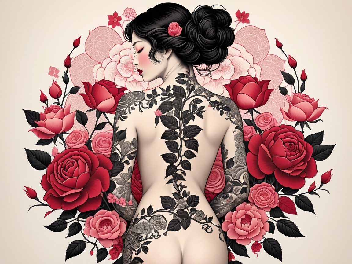 Woman with Black Tattoos and Red Roses Design