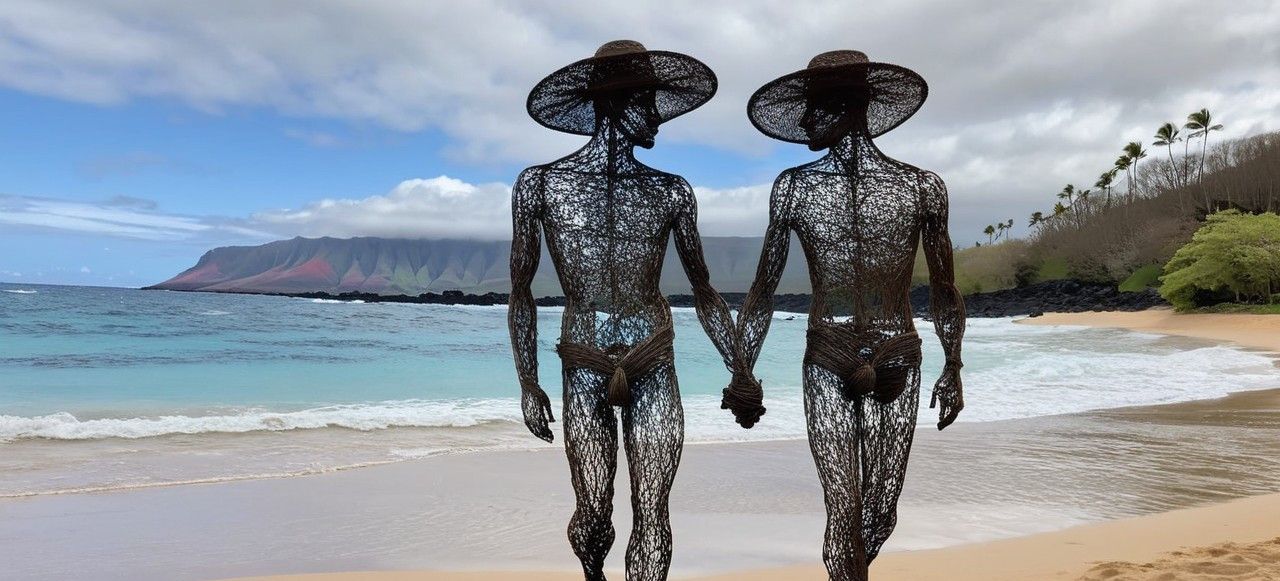 Intertwined Wire Sculptures on a Serene Beach