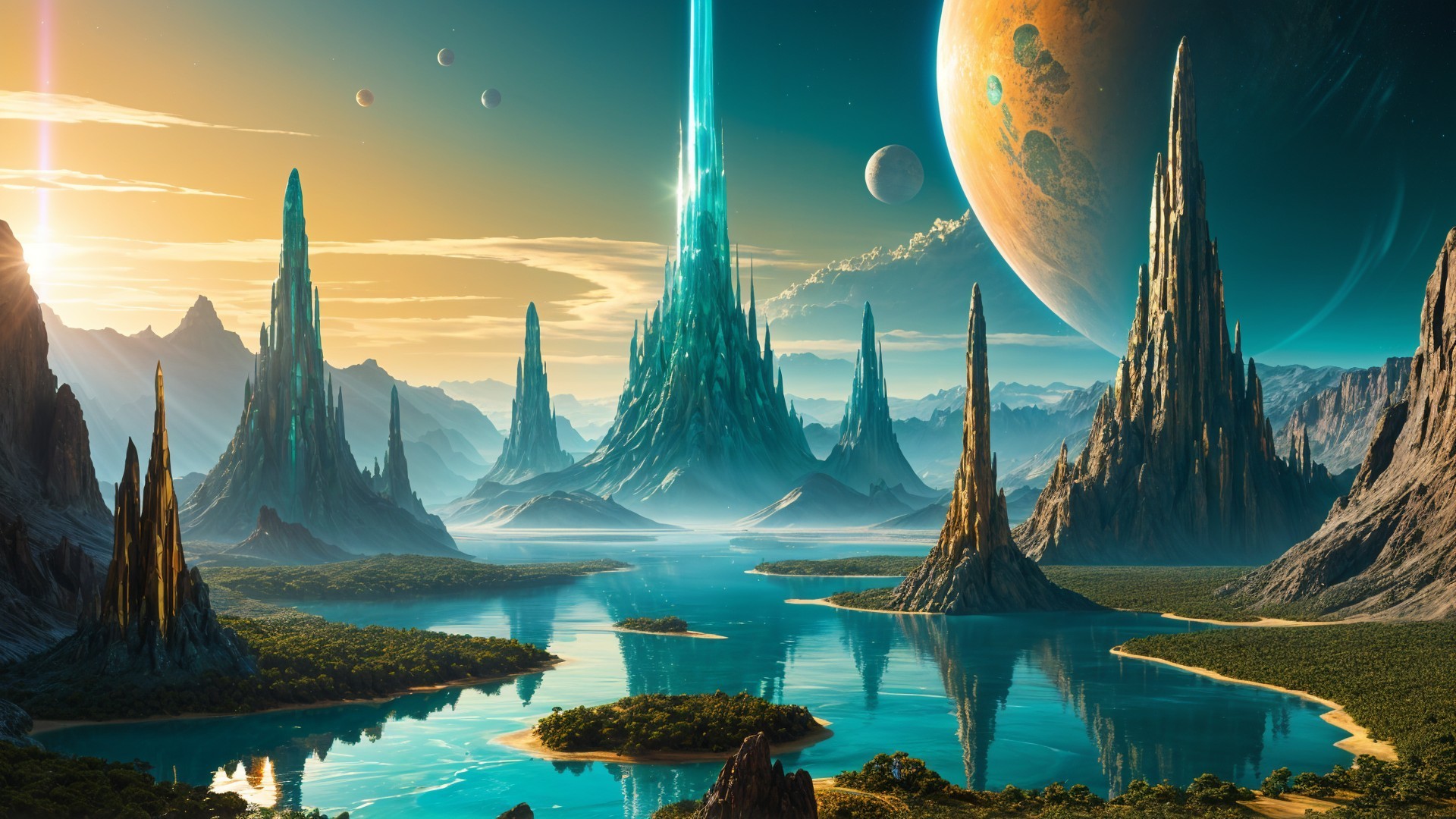 Futuristic Landscape with Crystal Spires and Planets