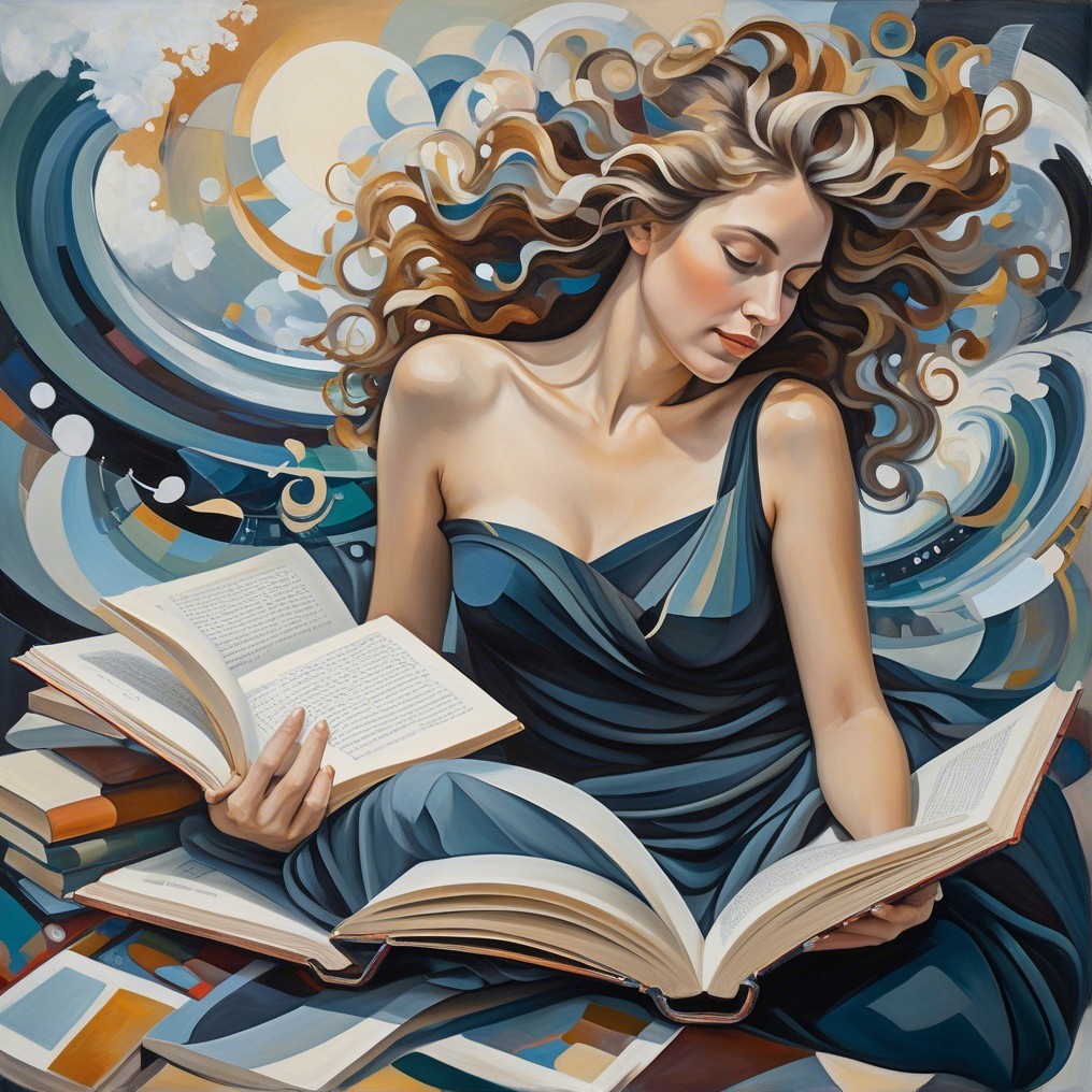 Woman in Blue Dress Surrounded by Open Books