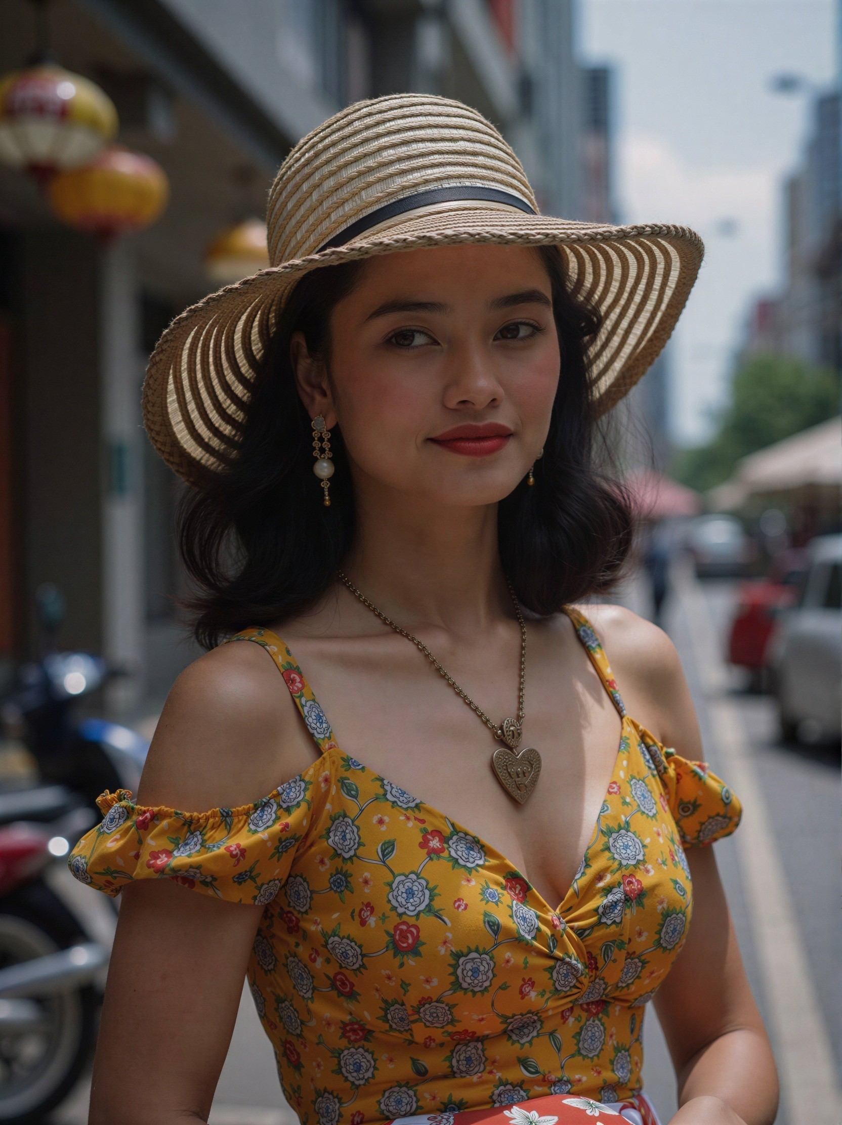 Portrait of a Woman in Floral Dress and Straw Hat