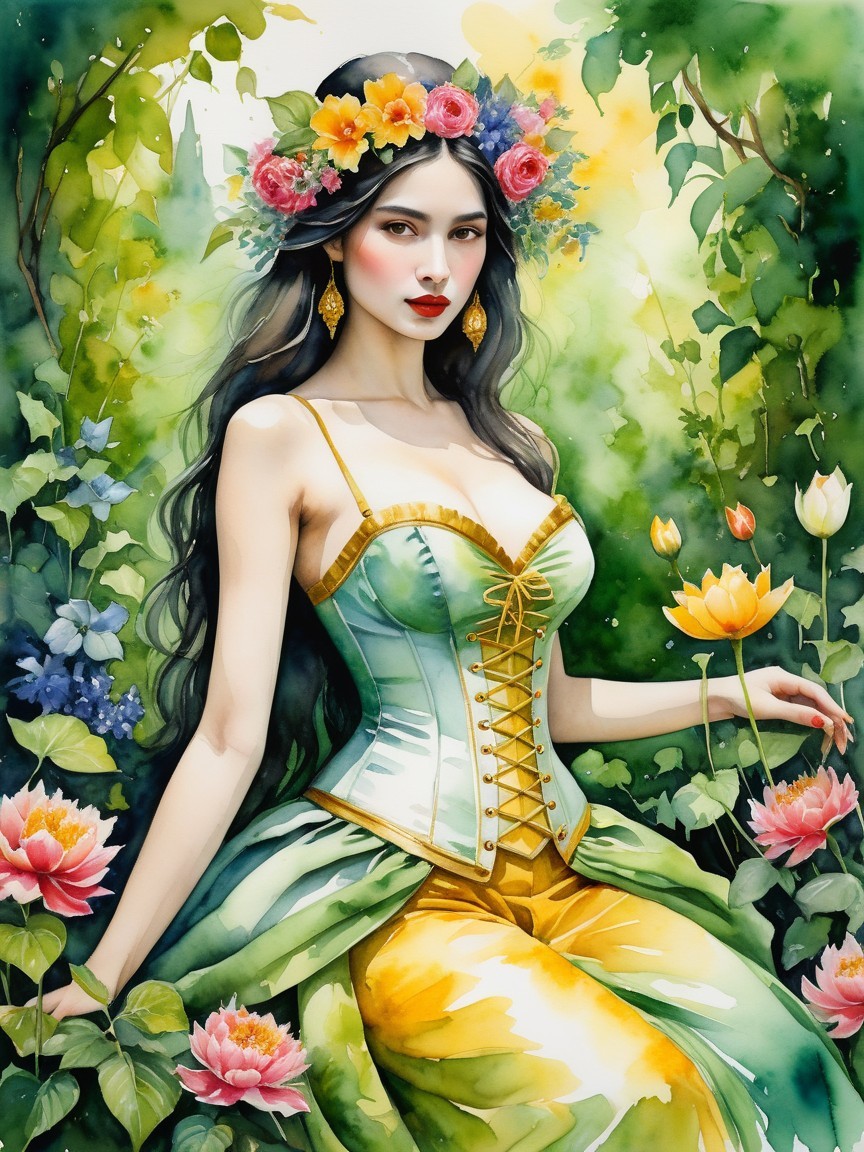 Graceful Woman in Flowing Dress Surrounded by Nature