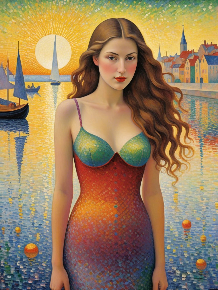 Young Woman in Colorful Dress Against Sunset Landscape