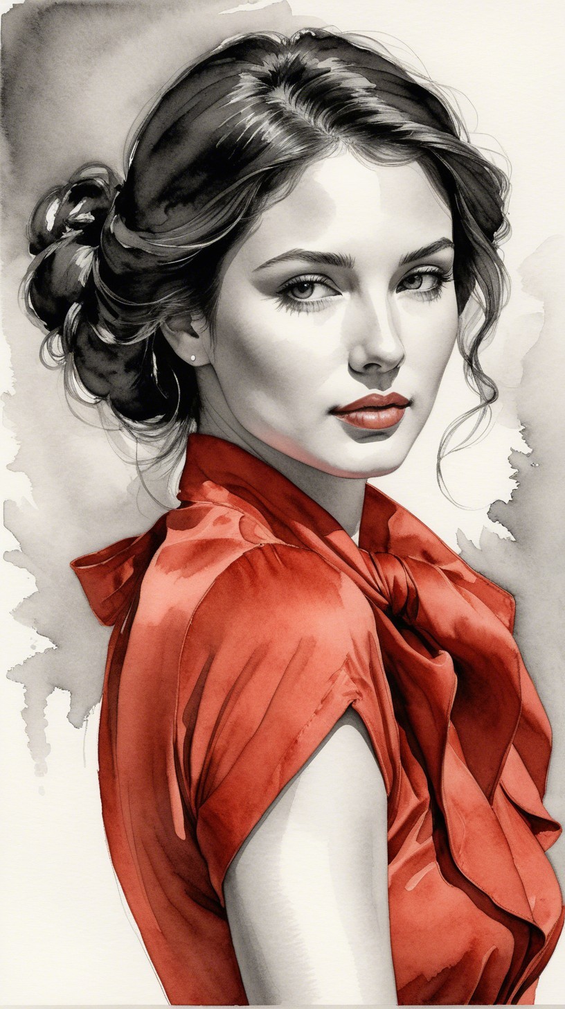 Portrait of a Young Woman in Watercolor and Ink Wash