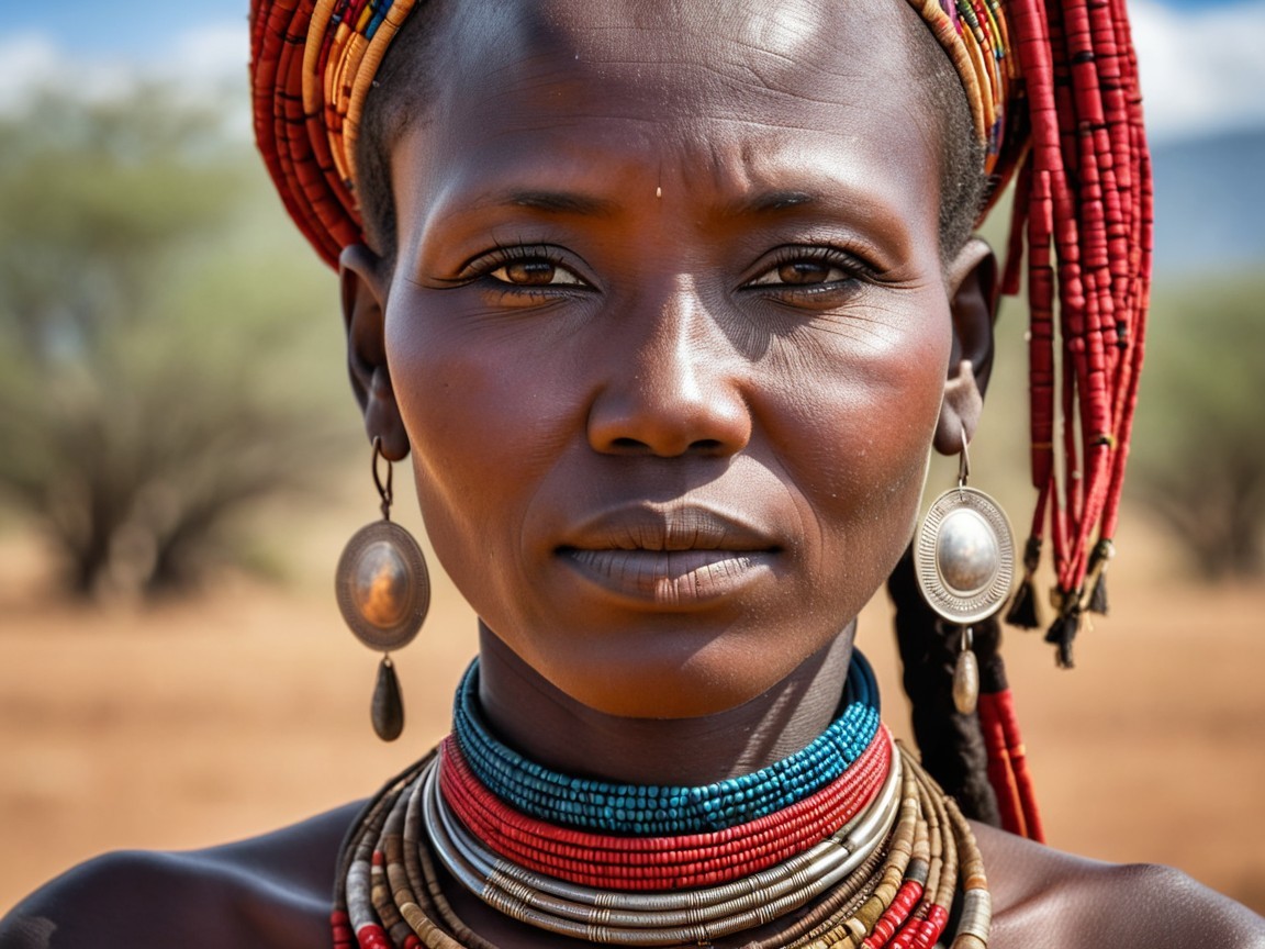 Close-up of a woman with dark skin and vibrant jewelry