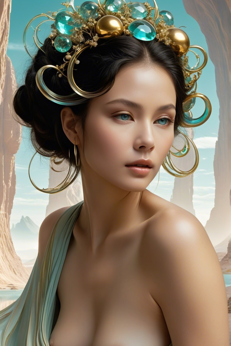 Portrait of a Woman with Elaborate Headdress and Surreal Background