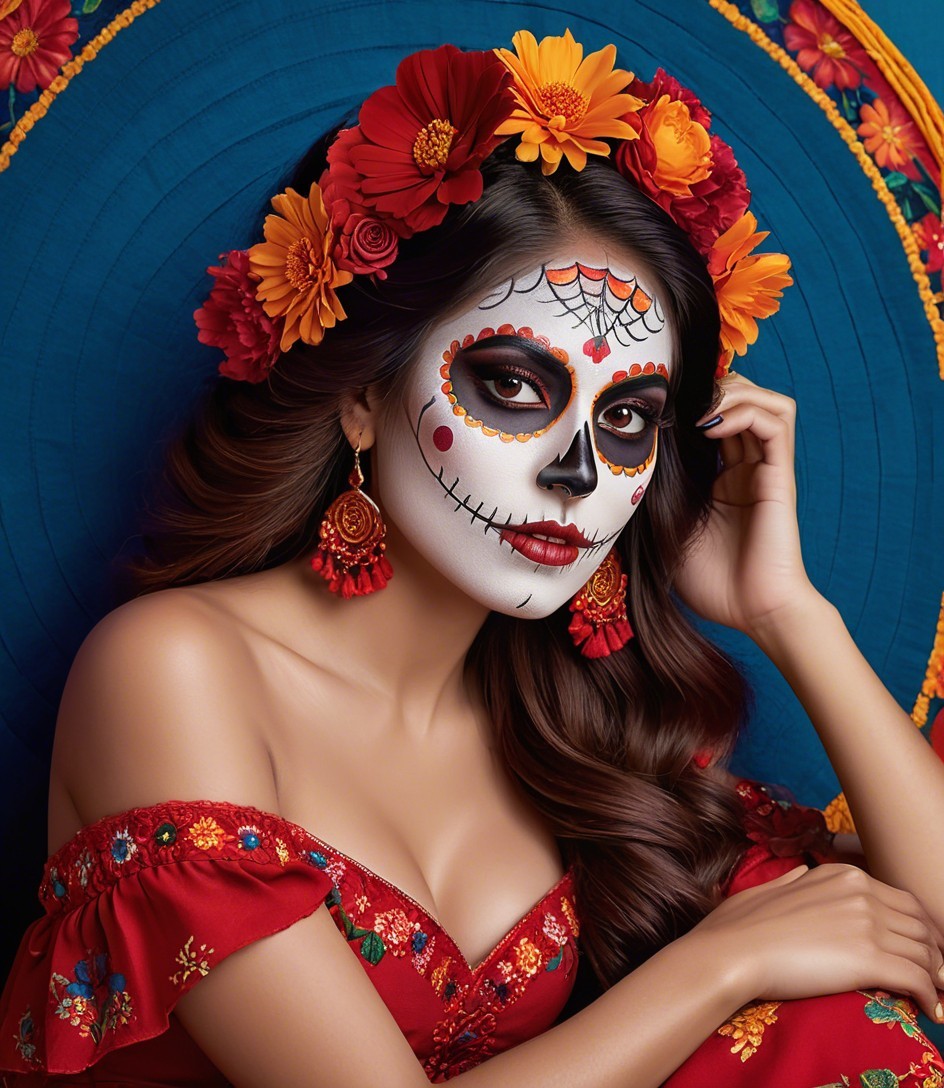 Portrait of a woman in traditional Mexican attire with flowers